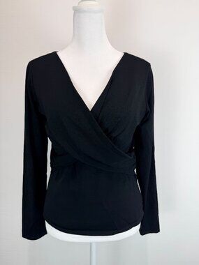 Talbots Petites Black Wrap Top Women Size S Long Sleeve Stretch Blouse
